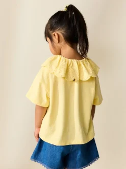 Yellow Short Sleeve Broderie Collar Top (3mths-7yrs)