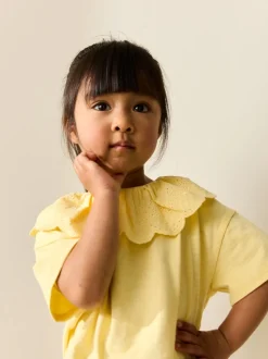 Yellow Short Sleeve Broderie Collar Top (3mths-7yrs)